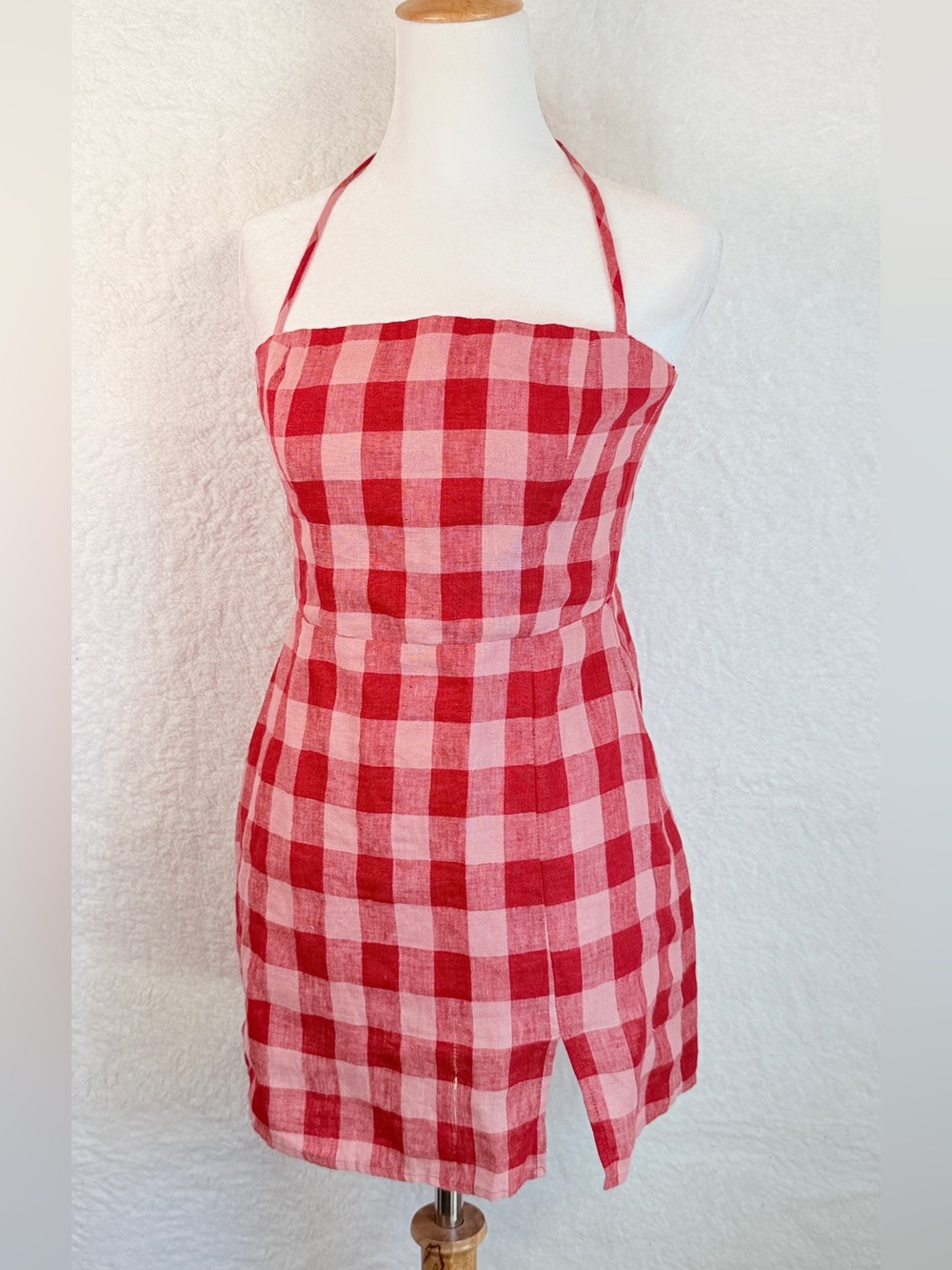 Reformation Pink and red check Gingham 100% LINEN Halter Mini Dress Size 0